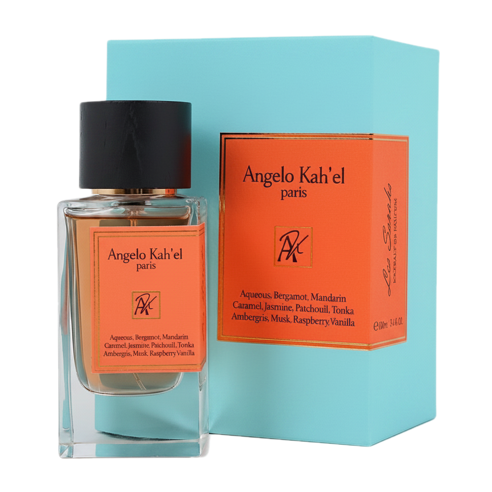 Angelo Kah'el Paris perfume bottle with a black cap next to its orange and turquoise packaging box on a white background.