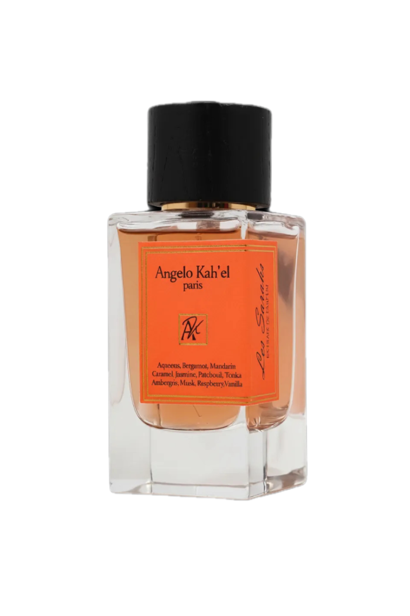 Angelo Kah'el Paris fragrance bottle with a black cap, clear glass body, and bright orange label, shown on a white background.