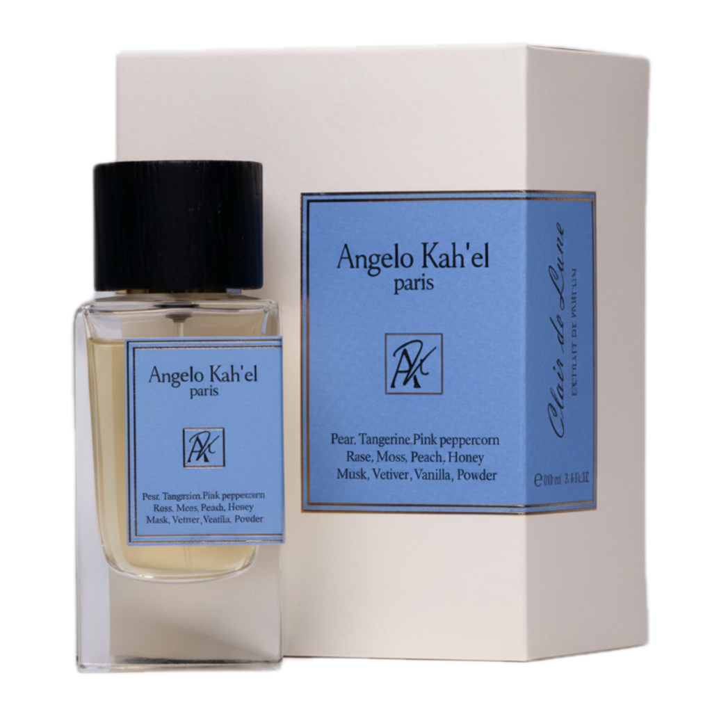 Clair De L'une Eau de Parfum bottle and packaging by Angelo Kah'el Paris
