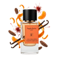 Angelo Kah'el Paris perfume bottle with a black cap and orange label, surrounded by floating orange slices, vanilla beans, coffee beans, and red saffron threads on a white background.